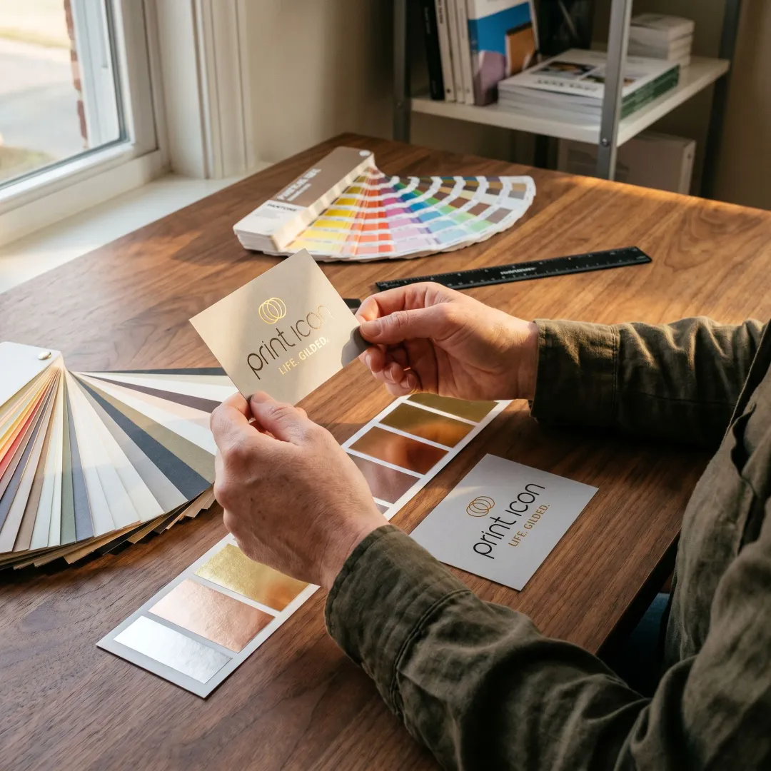 Designer reviewing business card proofs