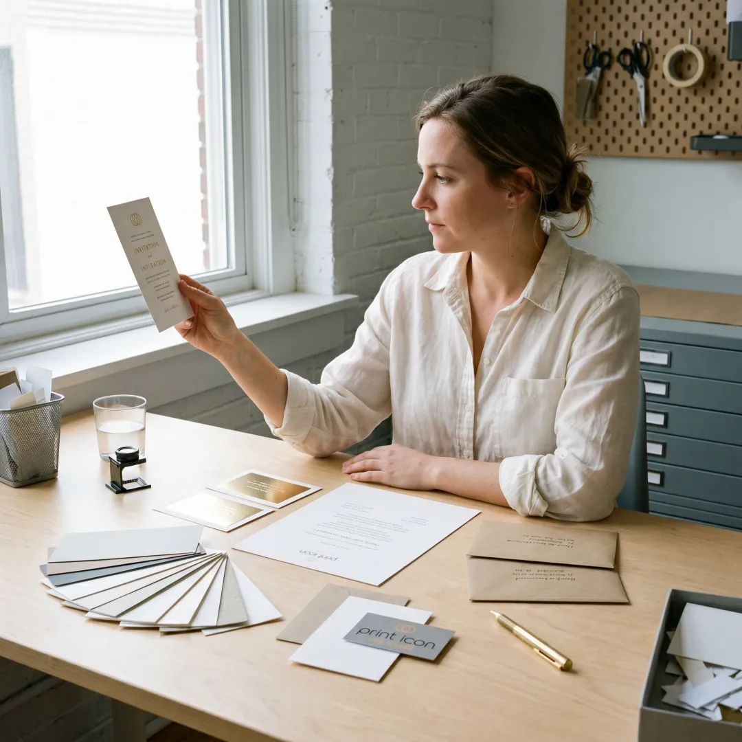 Designer reviewing wedding invitation proofs