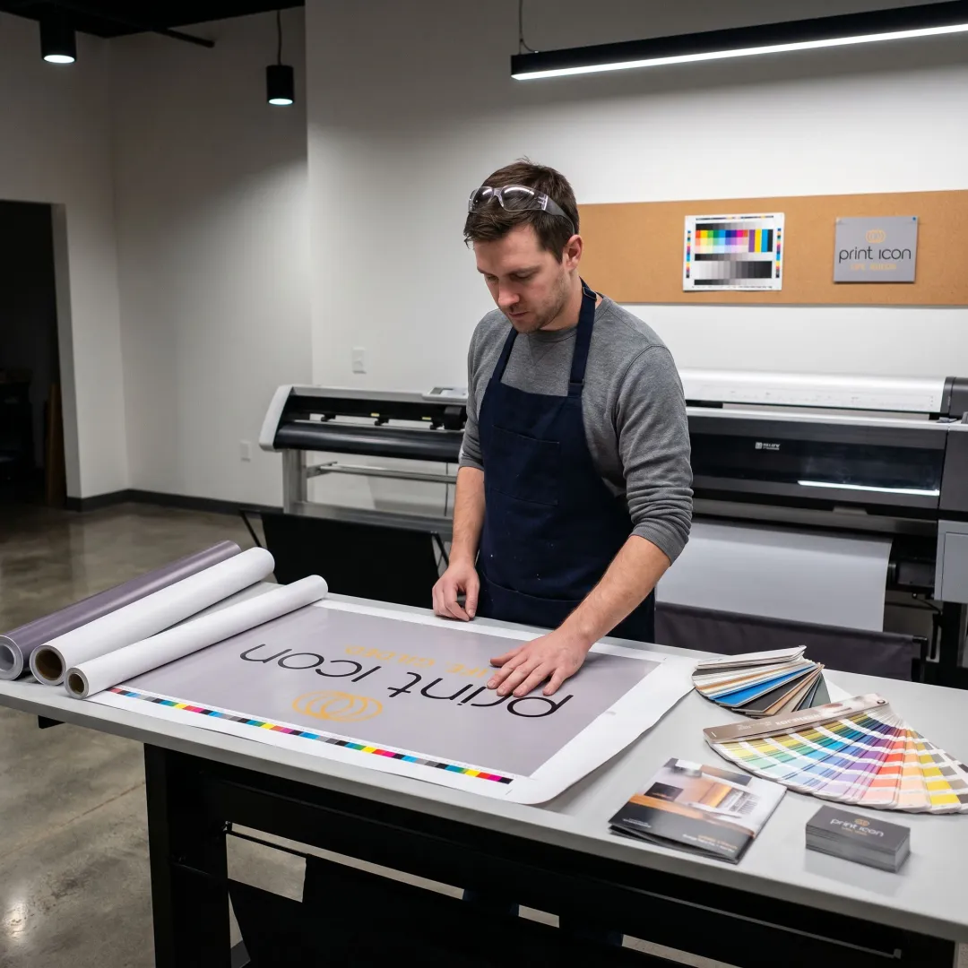 Print technician reviewing large custom sign proofs
