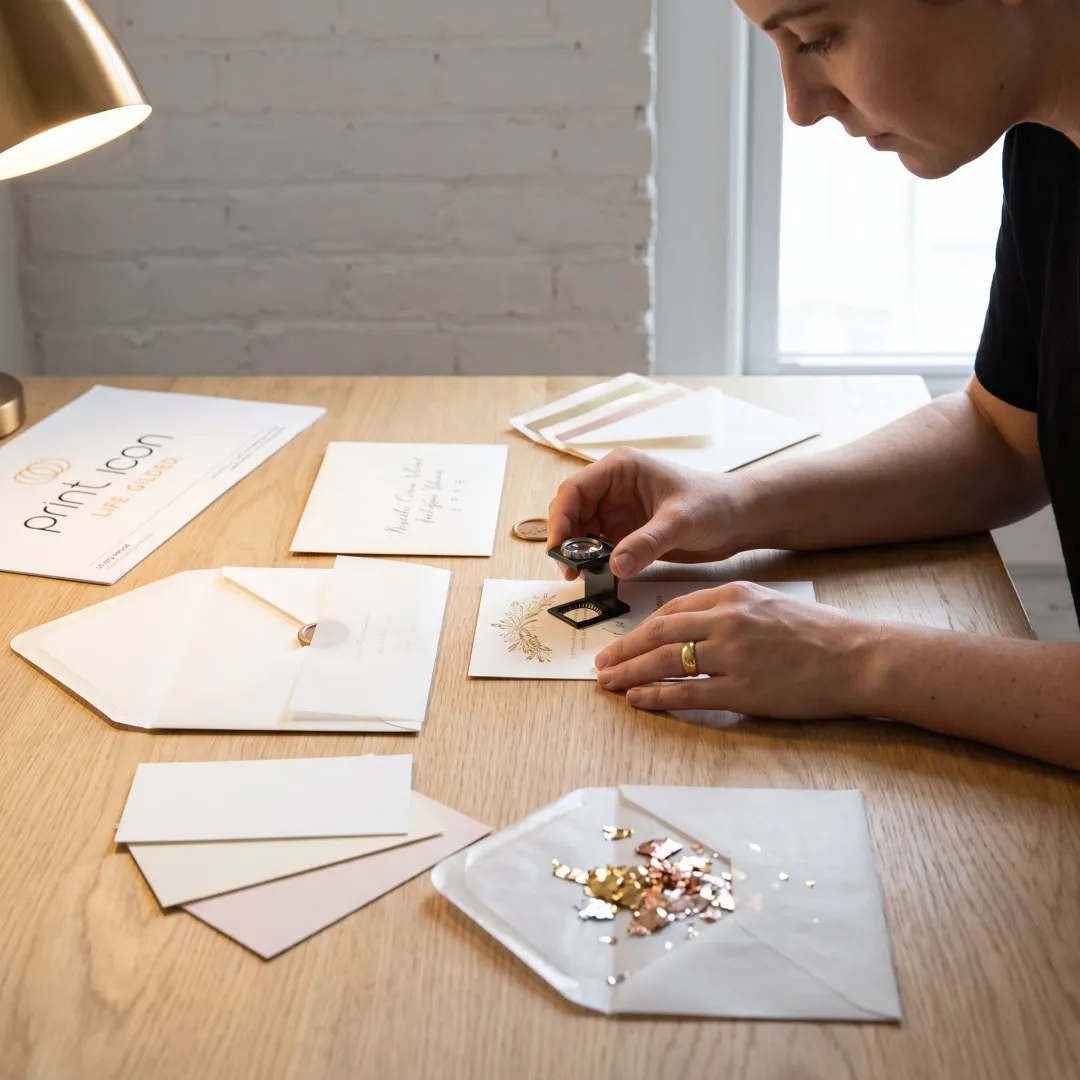 Designer reviewing wedding invitation proofs