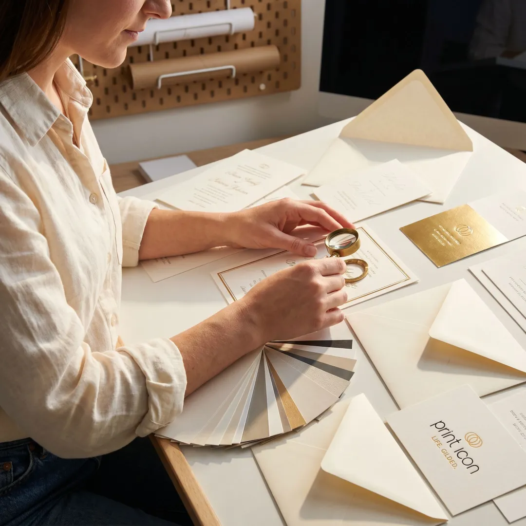 Designer reviewing wedding invitation proofs