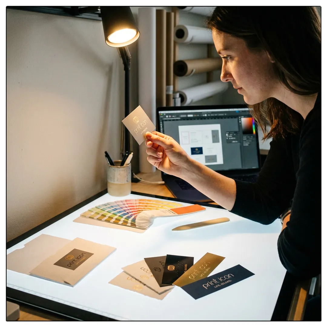 Printer reviewing custom business card proofs