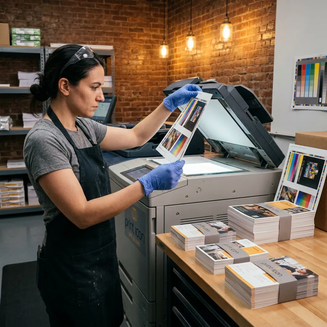Printer operator reviewing fast turnaround print proofs