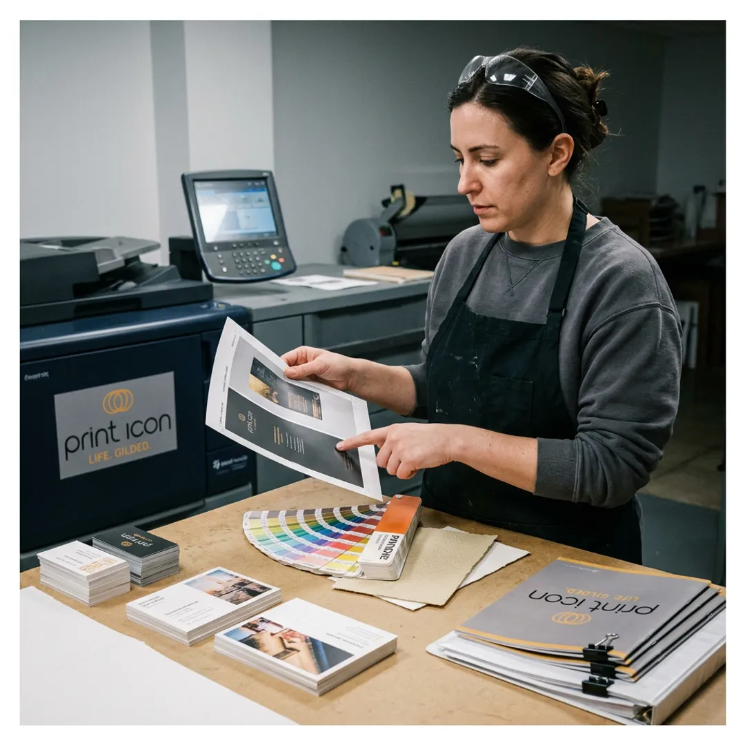 Technician reviewing rush print proofs