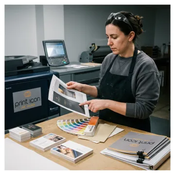 Technician reviewing rush print proofs