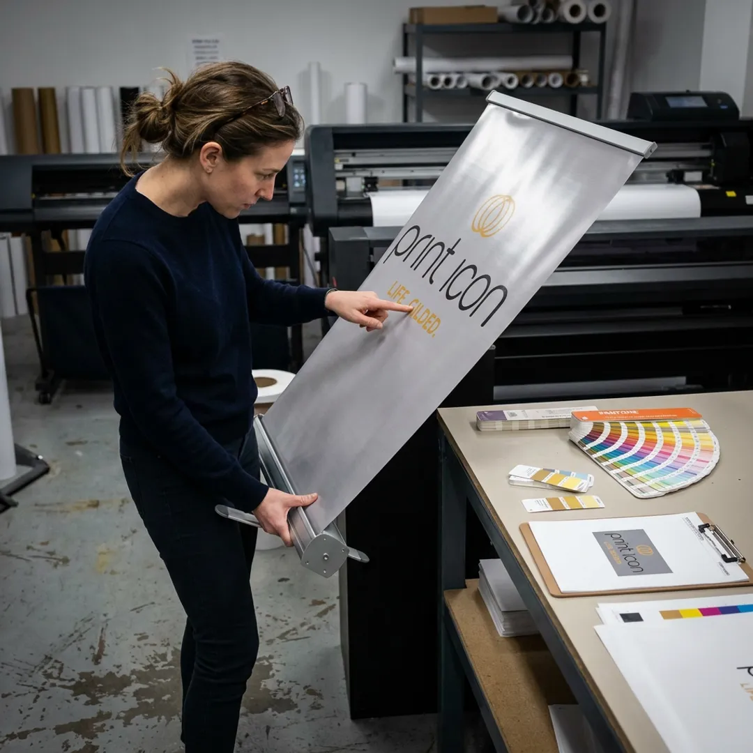 Designer reviewing retractable banner proof