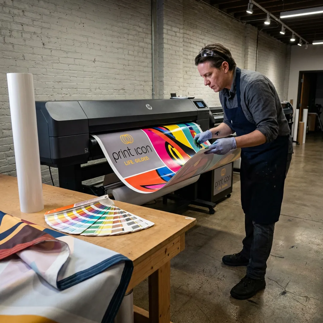 Printer operator reviewing custom banner production