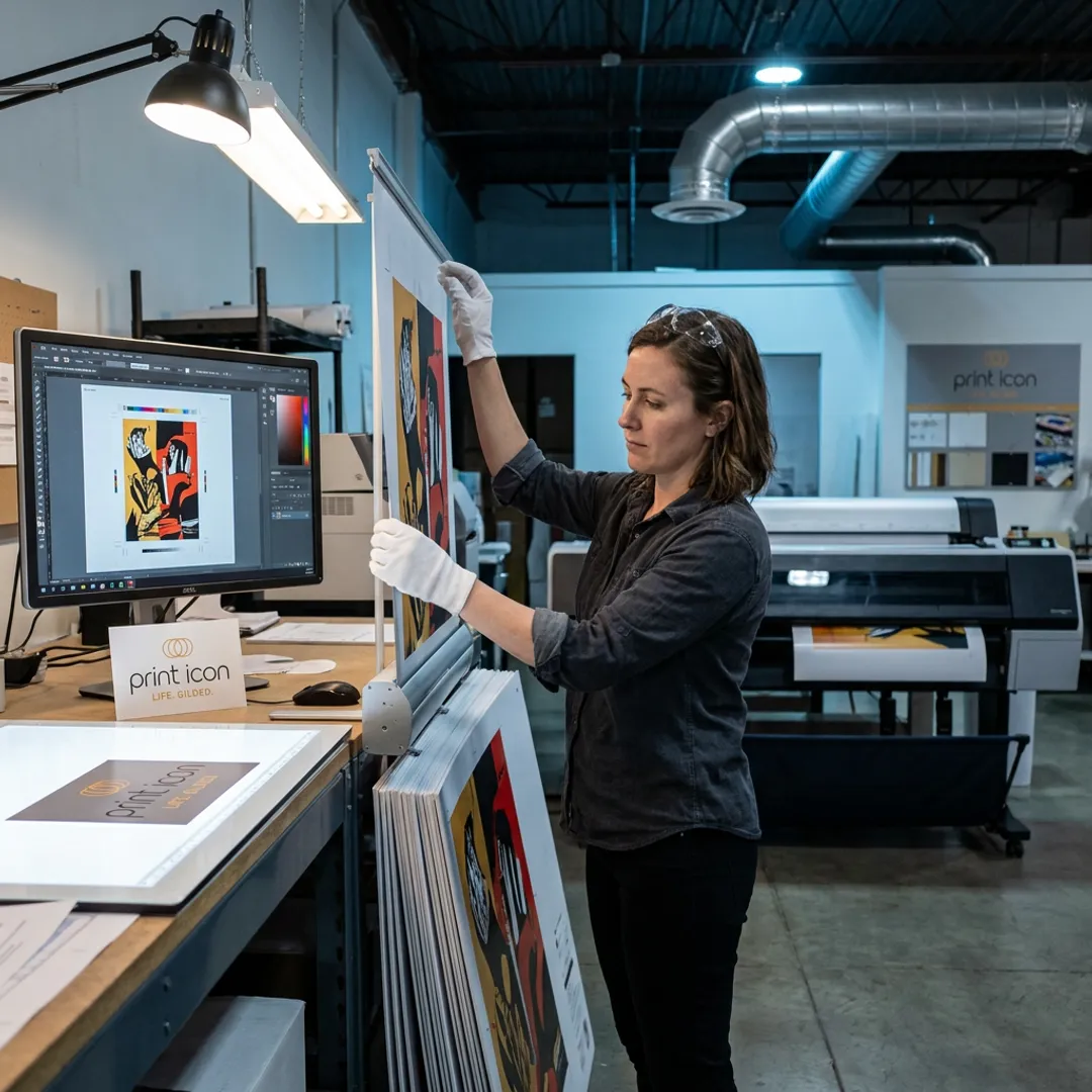 Designer reviewing trade show banner artwork