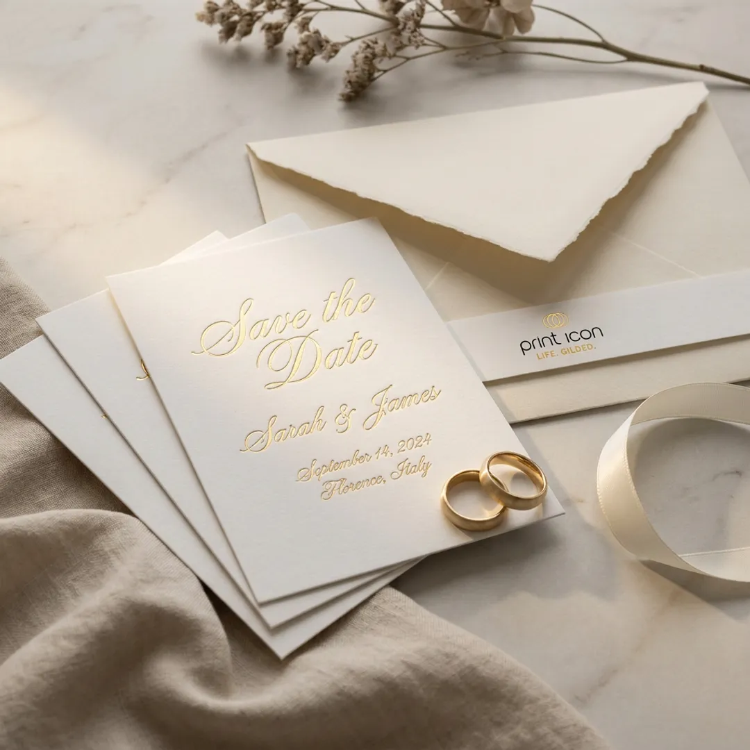 Gold foil save the date cards on premium paper