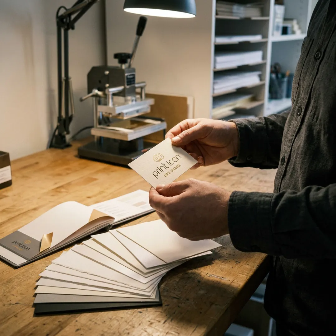 Printer reviewing foil business card proofs