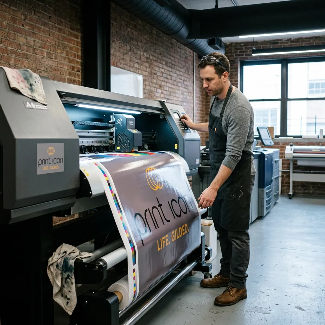 Large format banner being printed in NYC print shop