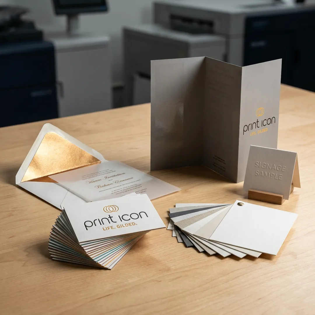 Premium printed samples on a print shop table
