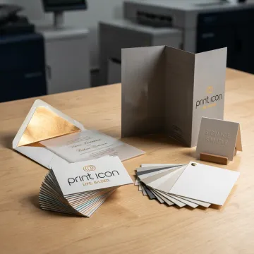 Premium printed samples on a print shop table