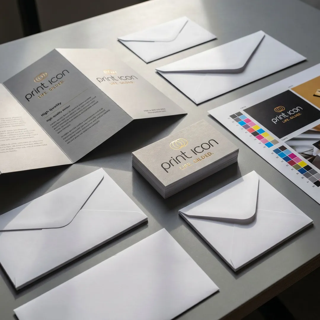 Premium print samples and envelopes on production table