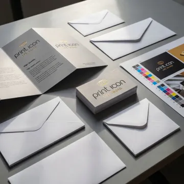 Premium print samples and envelopes on production table