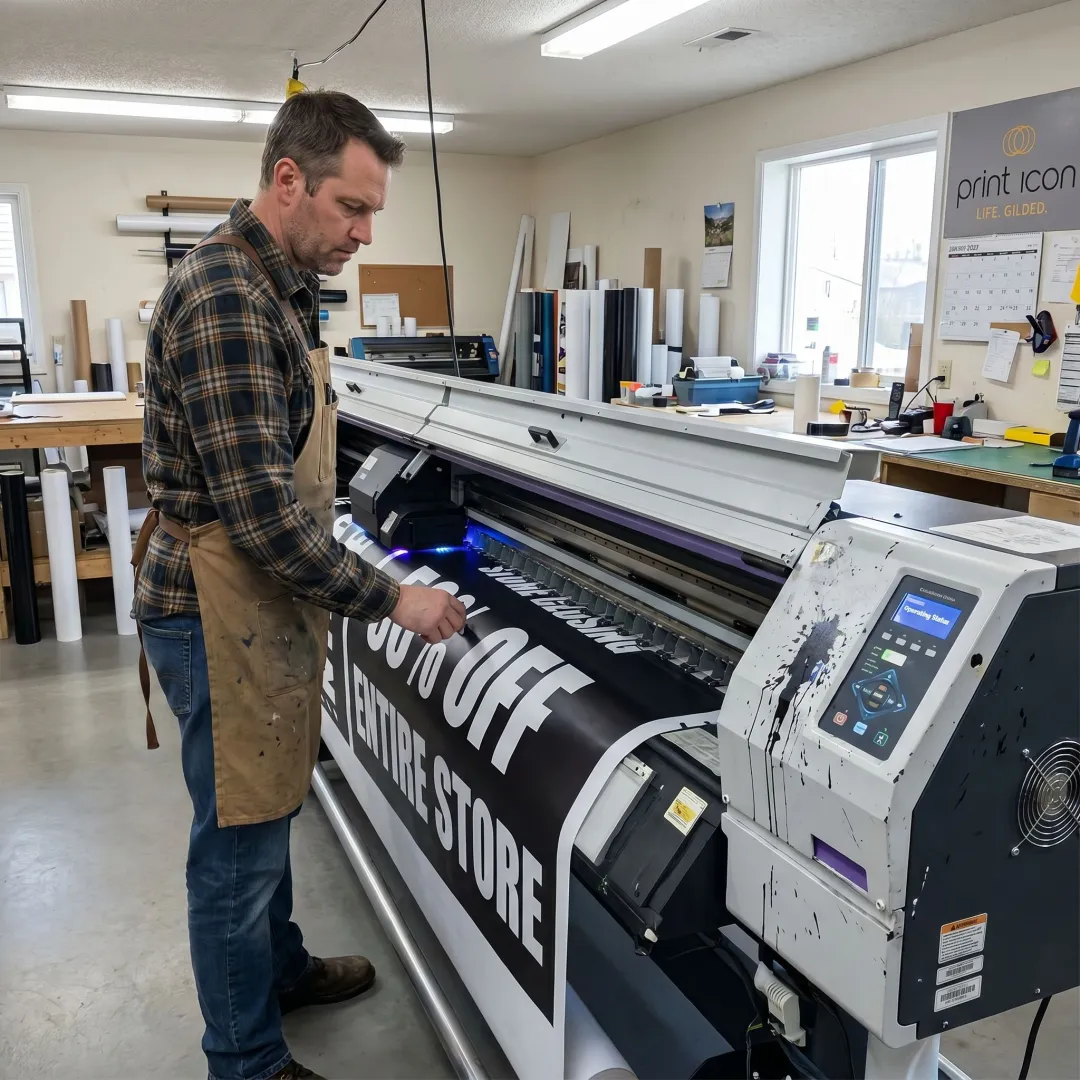 Large format printer producing a colorful banner