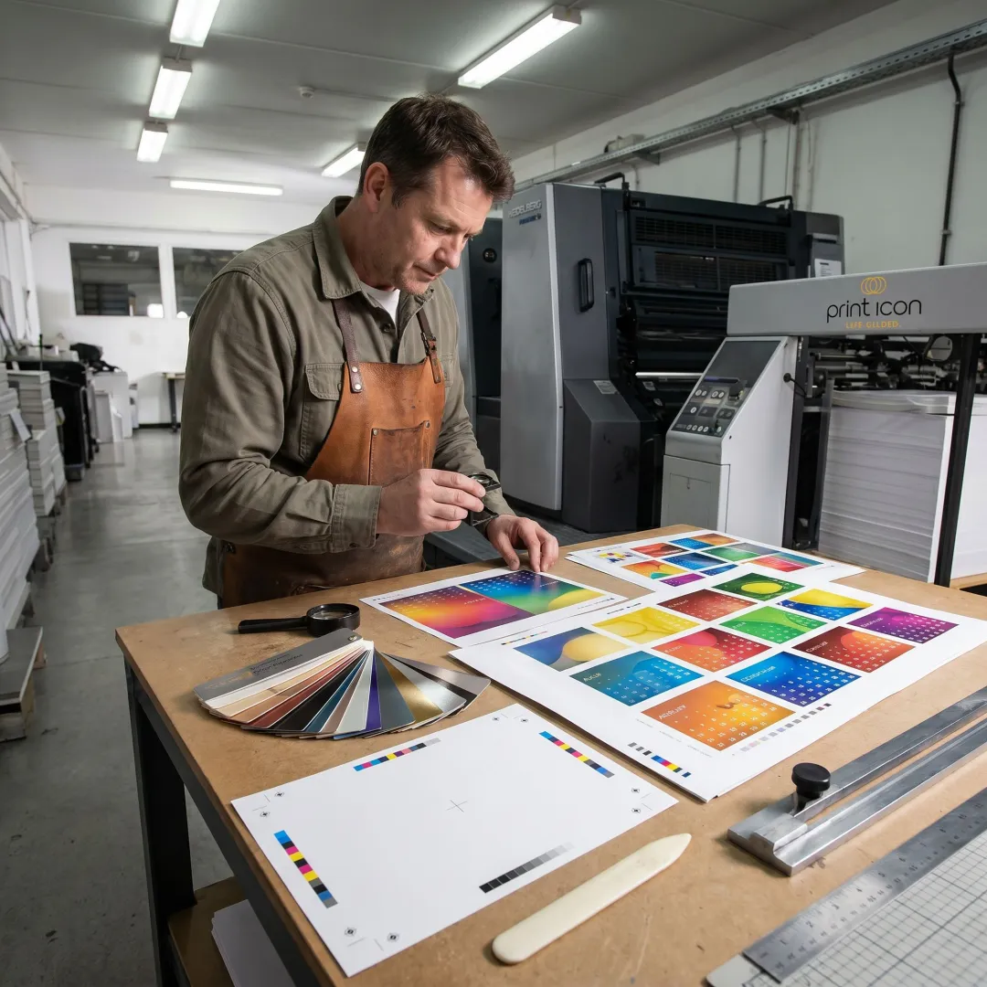 Technician reviewing custom flyer proofs