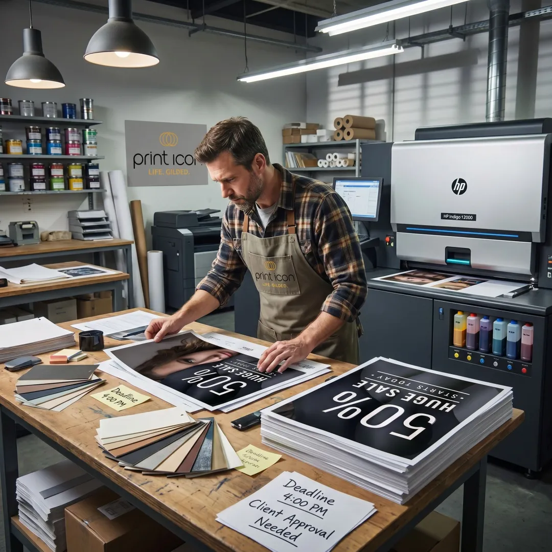 Print technician preparing rush printing order