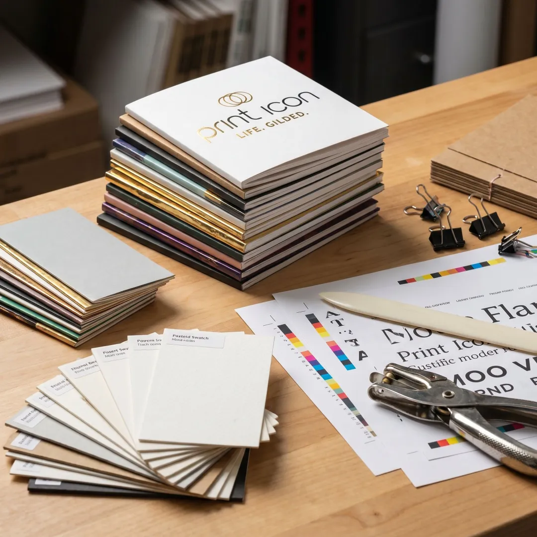 Custom mini books on a print shop table