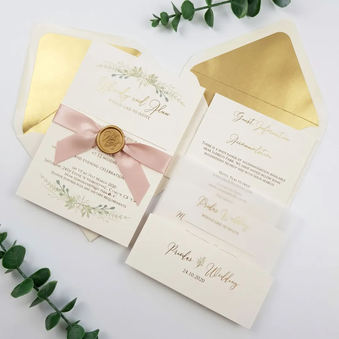 Custom wedding invitation suite with foil details