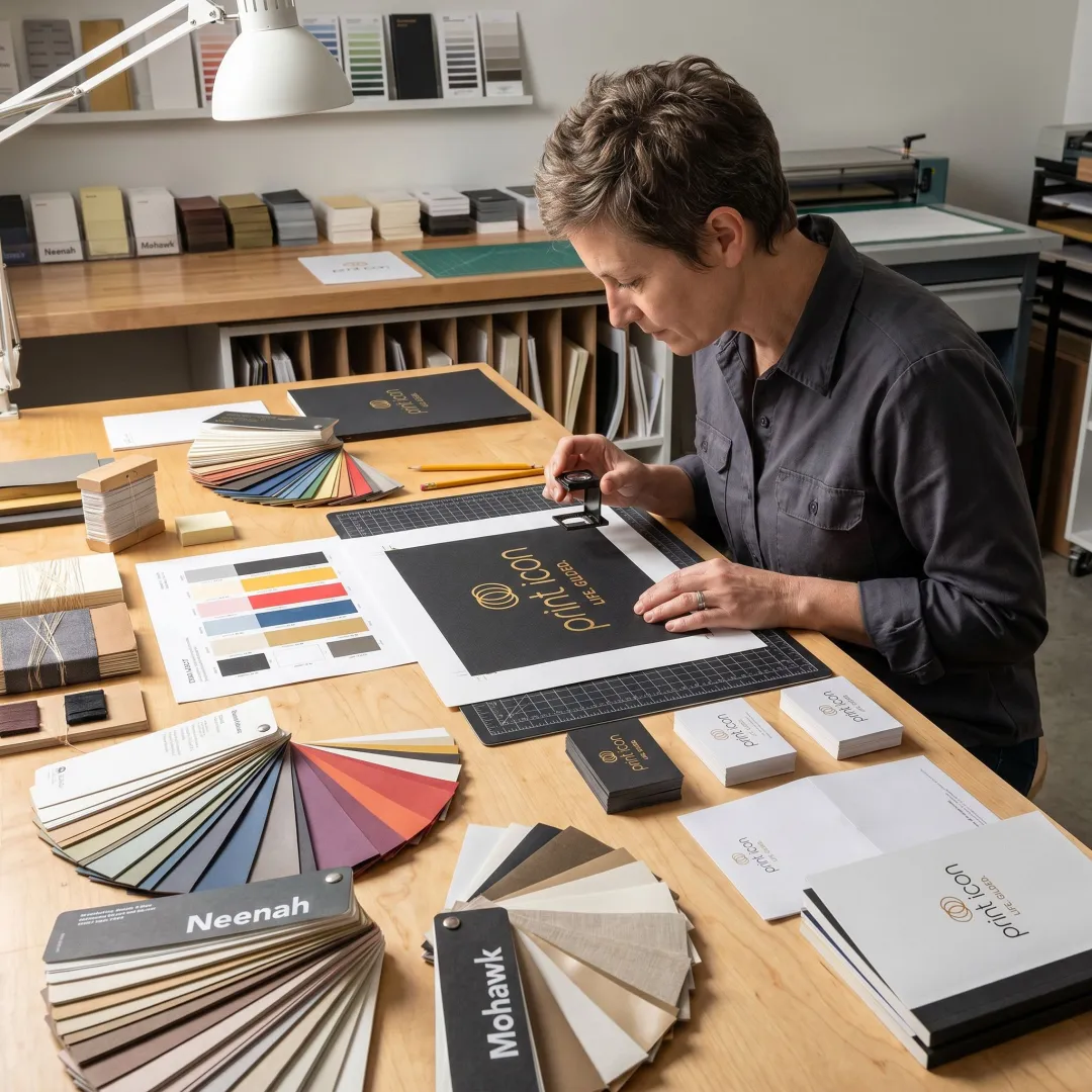Designer reviewing print proofs and paper samples
