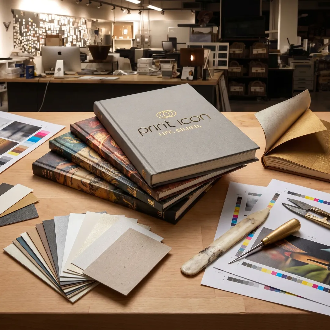 Custom hardcover books on print shop table