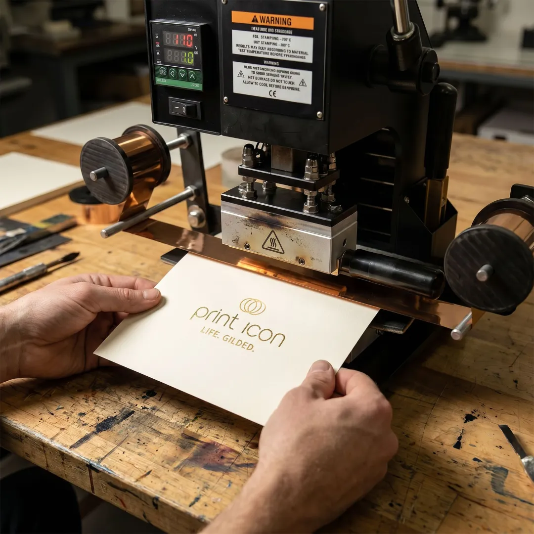 Foil stamping press applying metallic foil