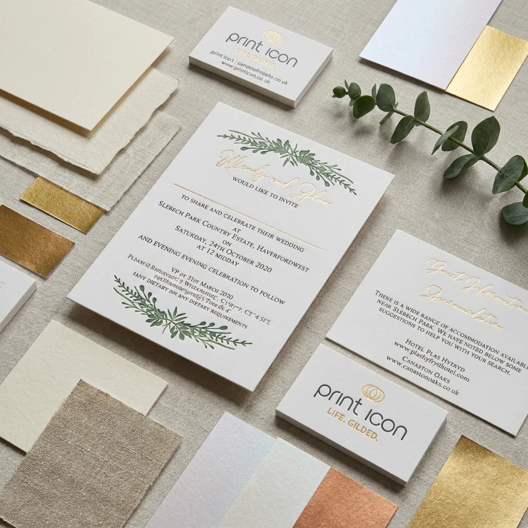 Custom letterpress wedding invitation and business card samples