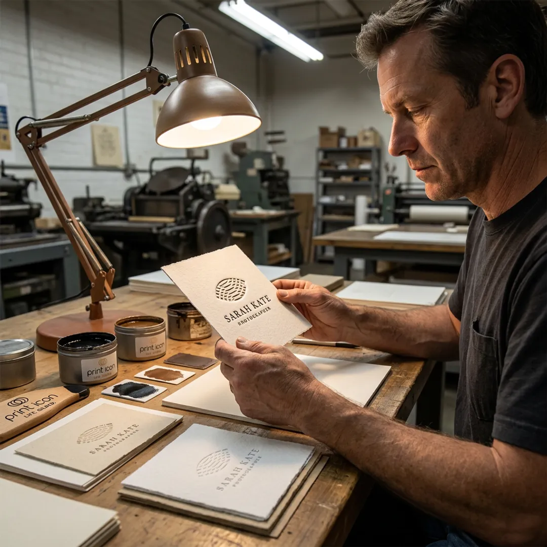 Letterpress stationery being inspected on a print shop table