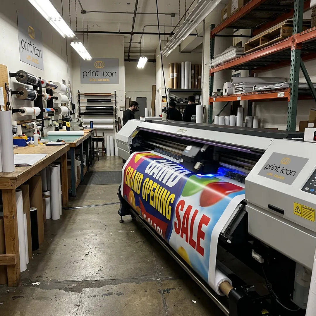 Large format printed banners and posters in a print shop