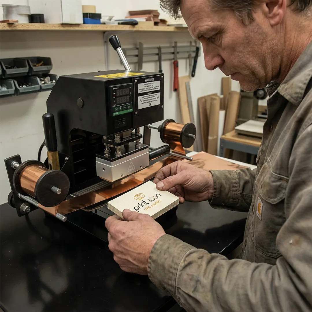 Foil business cards being stamped