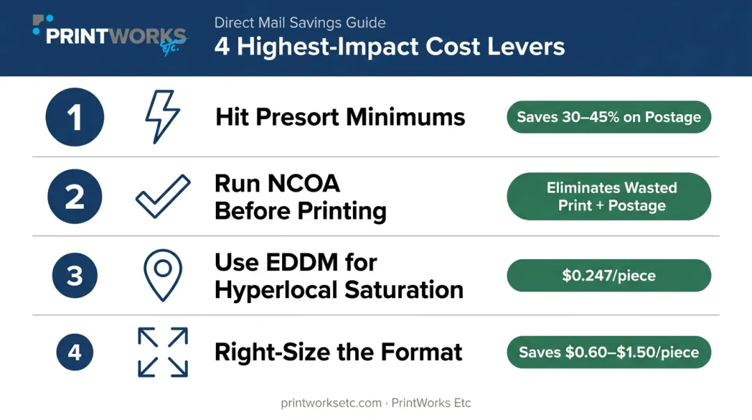 Four highest-impact direct mail cost reduction levers ranked by savings infographic