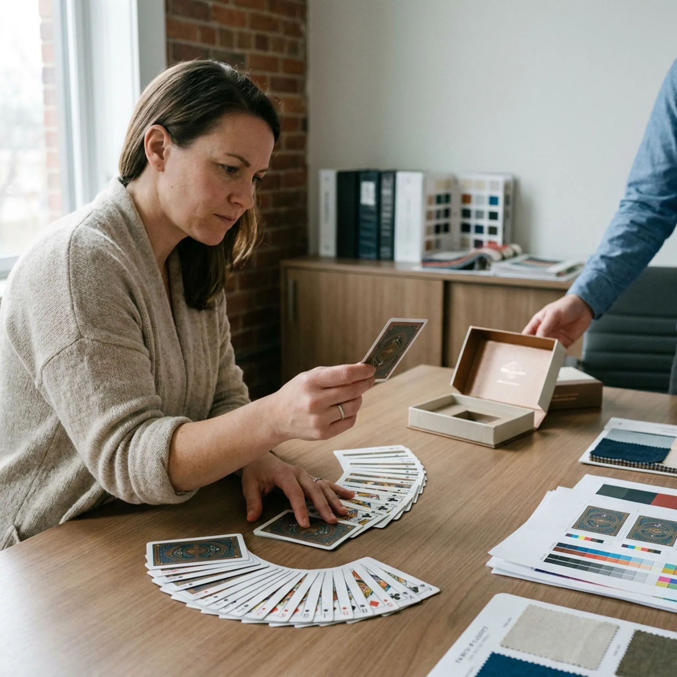 Designer reviewing custom playing card artwork and deck packaging