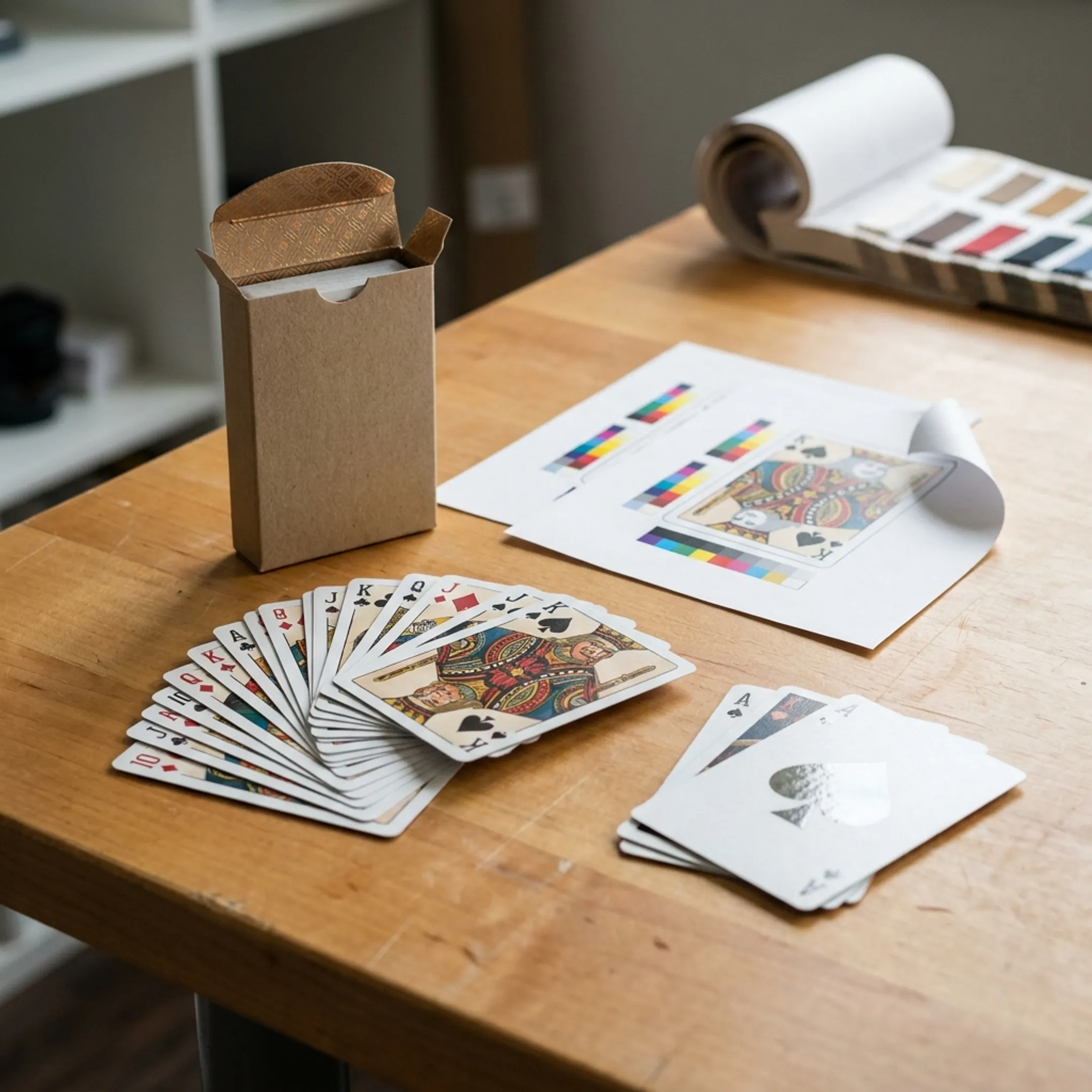 Custom playing cards arranged beside branded packaging and original artwork