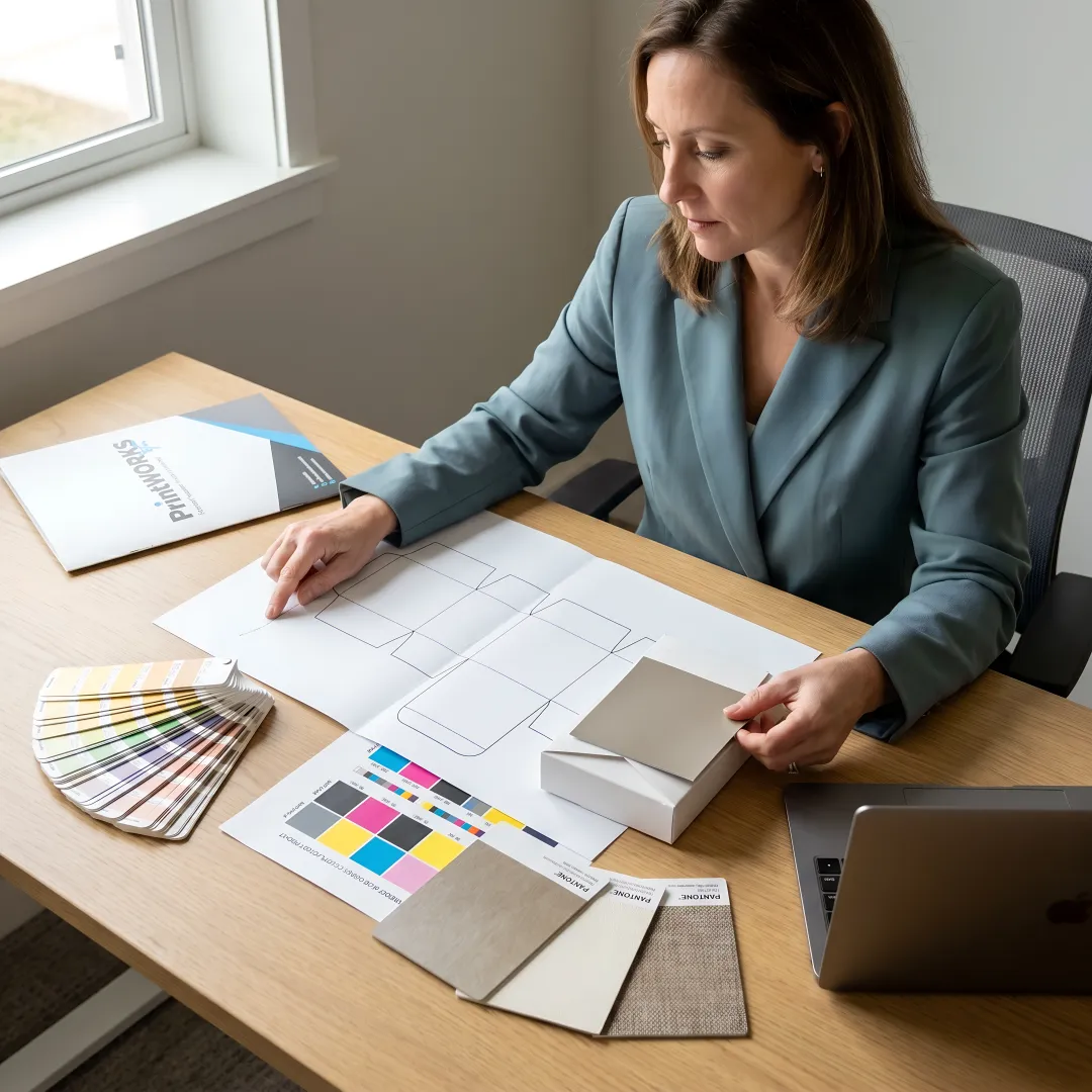 Packaging designer reviewing dielines and material samples