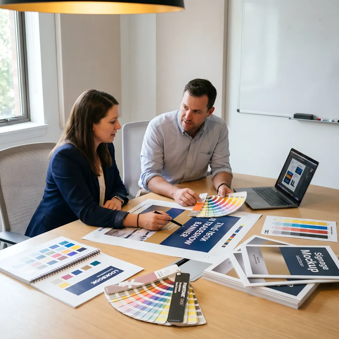 Designer reviewing trade show graphics before printing