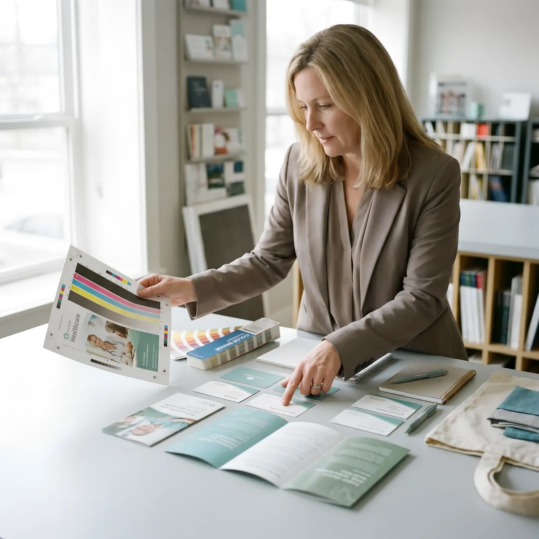 Project manager reviewing healthcare print proofs and branded items