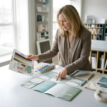Project manager reviewing healthcare print proofs and branded items