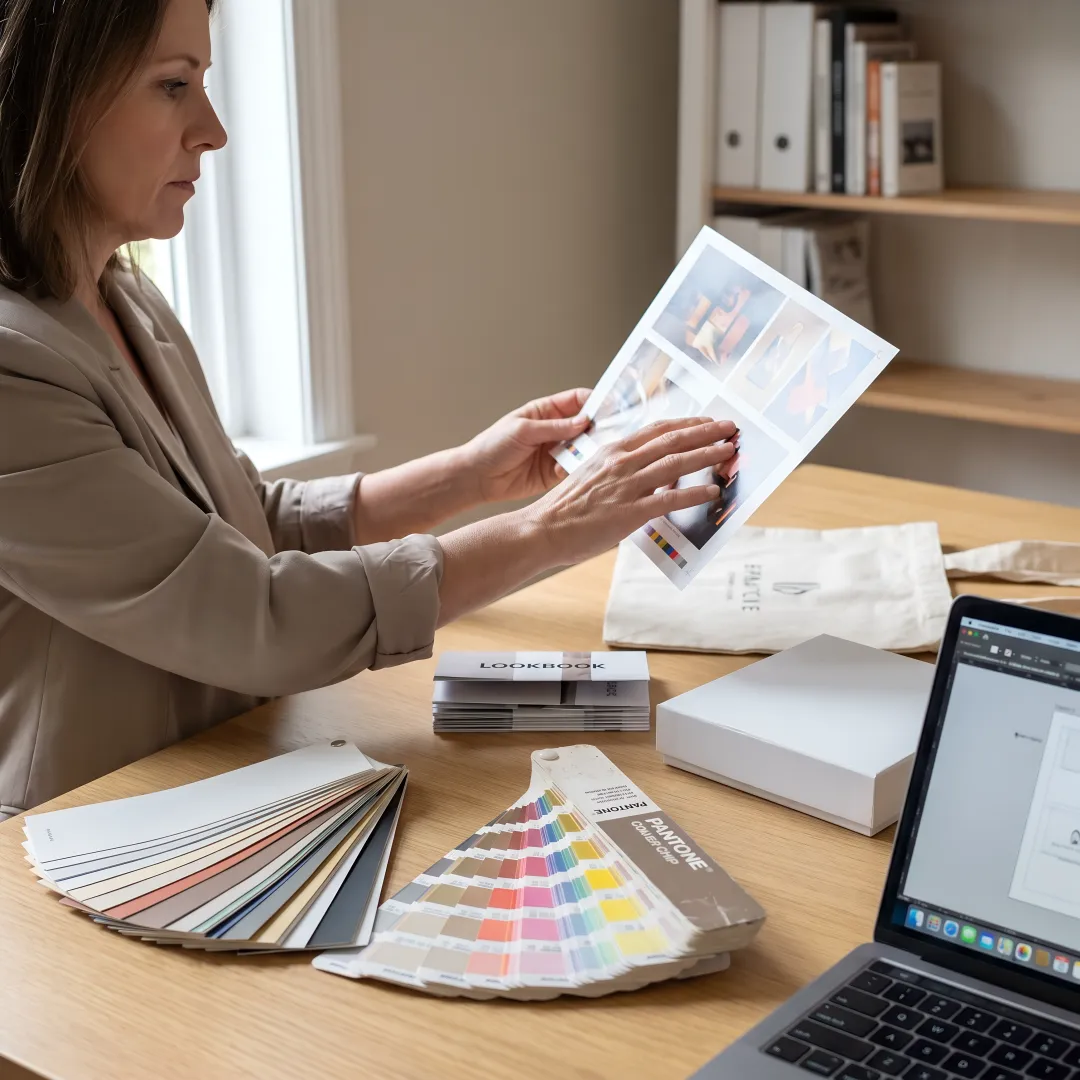 Print production manager reviewing proofs