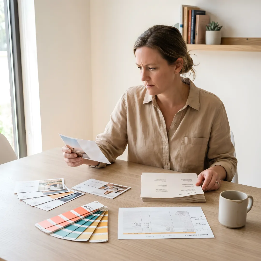 Designer reviewing direct mail postcard proofs