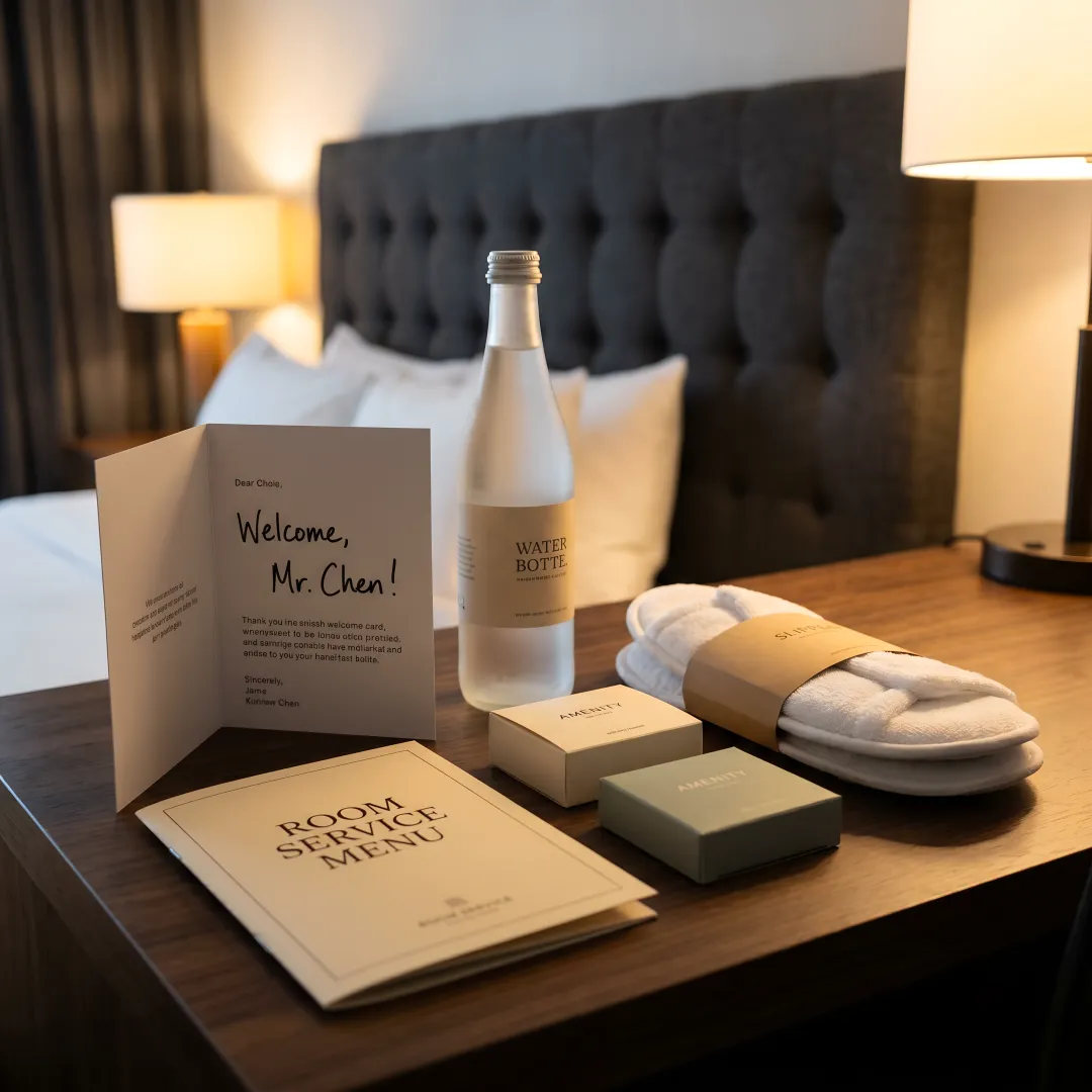 Hotel welcome card, menu, and branded guest amenities