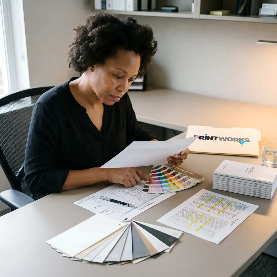 Project manager reviewing print proofs and mailing plans