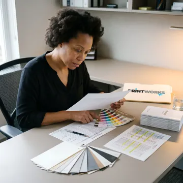 Project manager reviewing print proofs and mailing plans