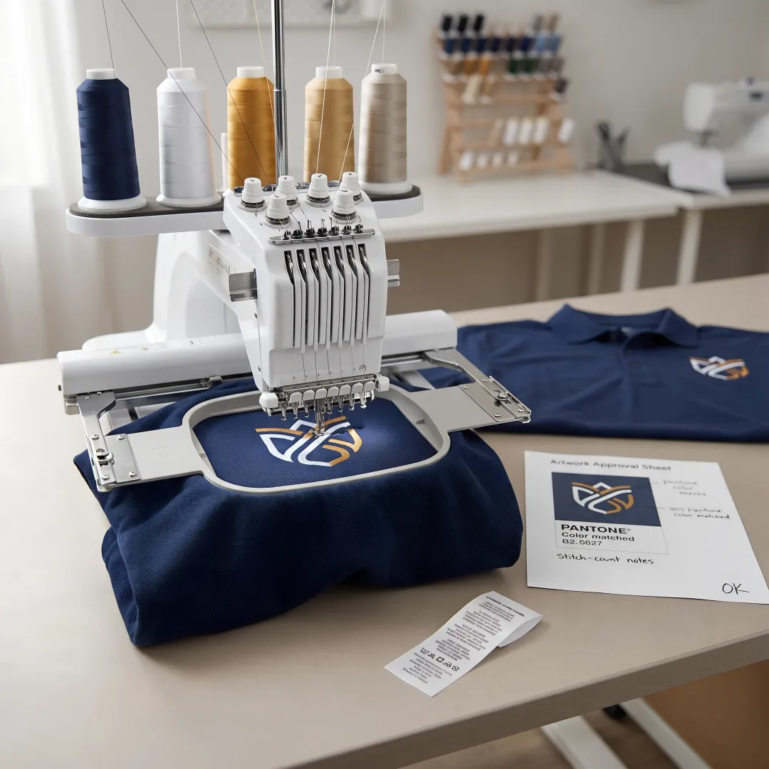 Embroidery production for pocket polos