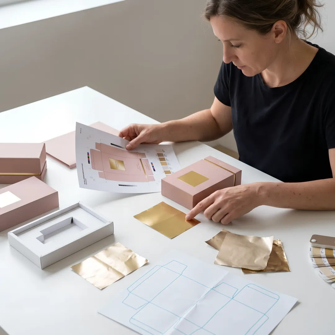 Designer reviewing perfume packaging dielines and samples