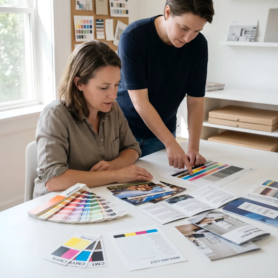 Print production team reviewing direct mail proofs
