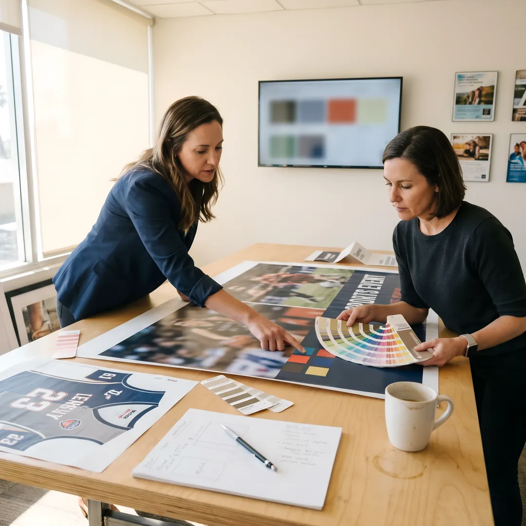 Print production team reviewing sports event graphics