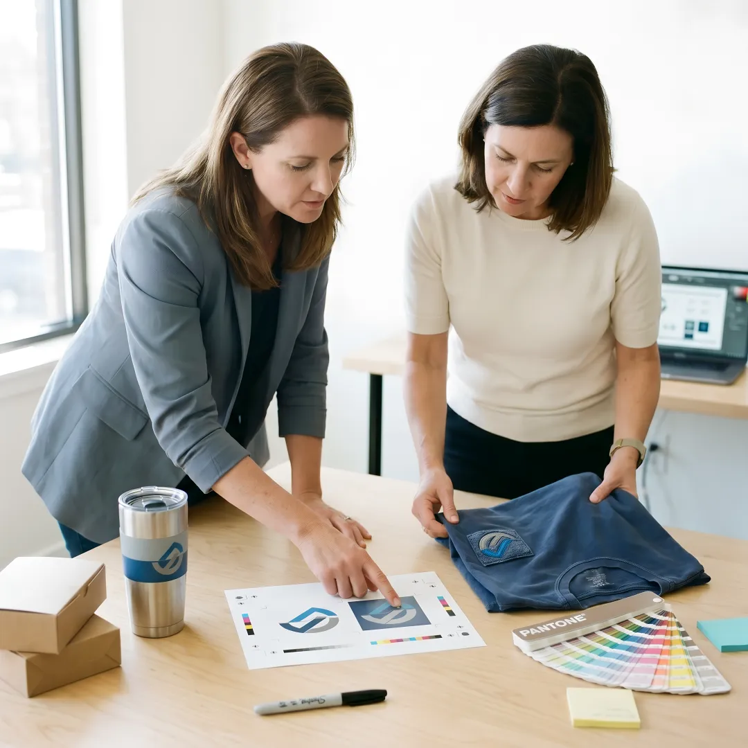 Team reviewing branded merchandise samples and artwork proofs