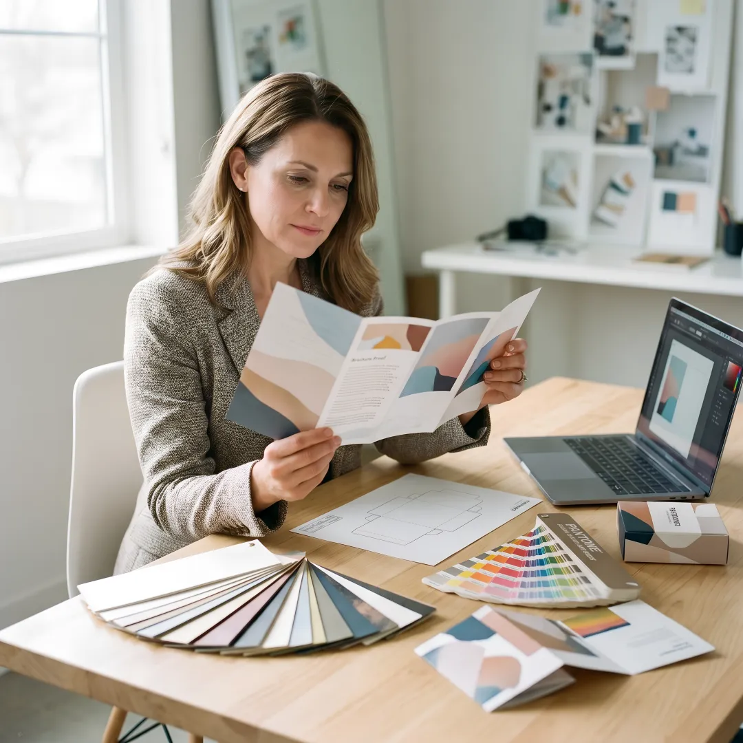 Designer reviewing printed collateral proofs