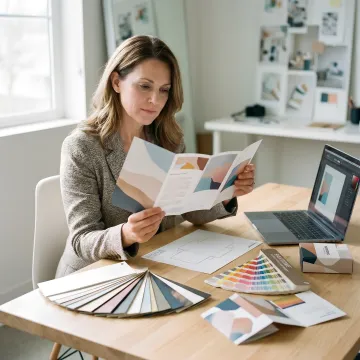 Designer reviewing printed collateral proofs